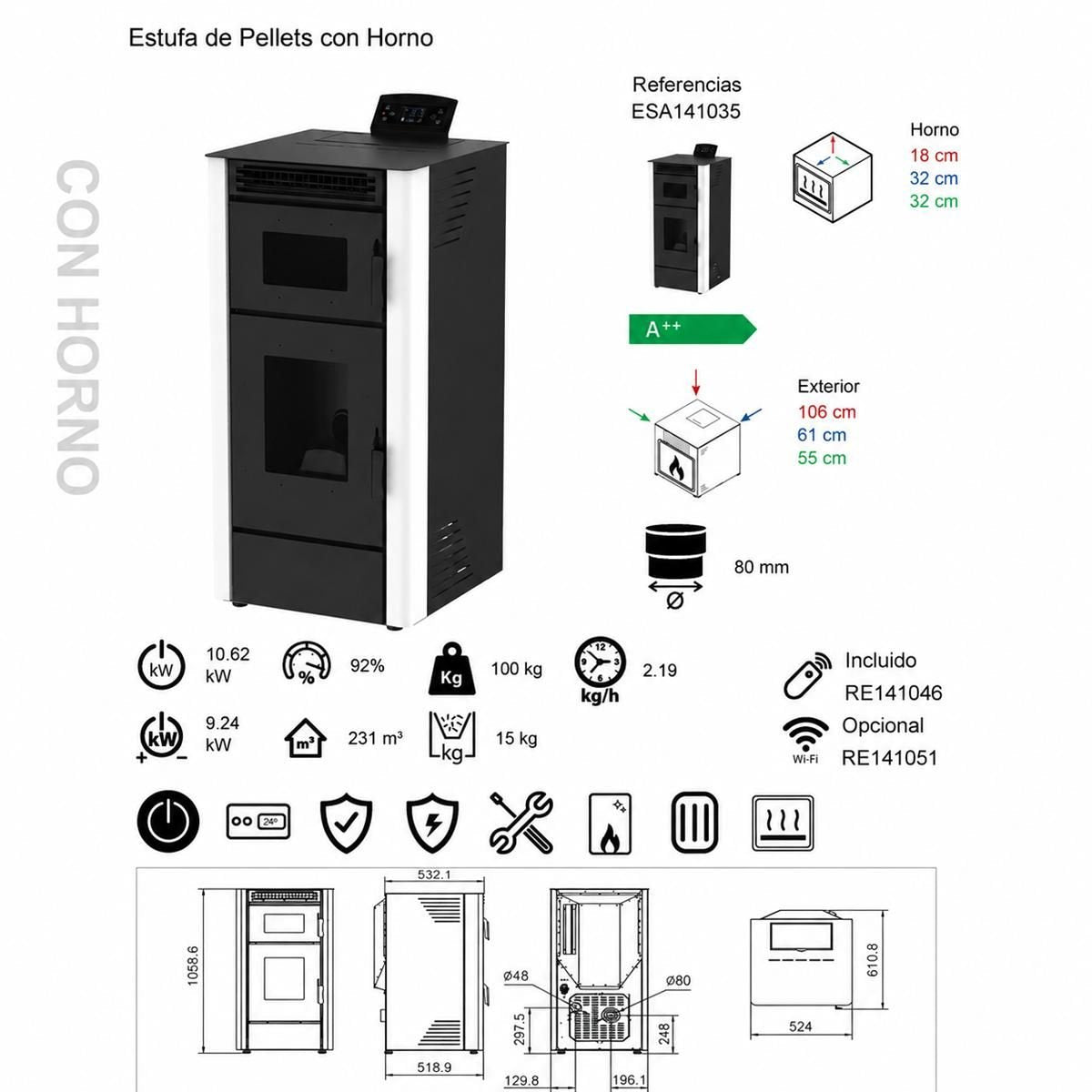 Estufa de pellets con horno de 10 kw a++ 92% para 231 m³