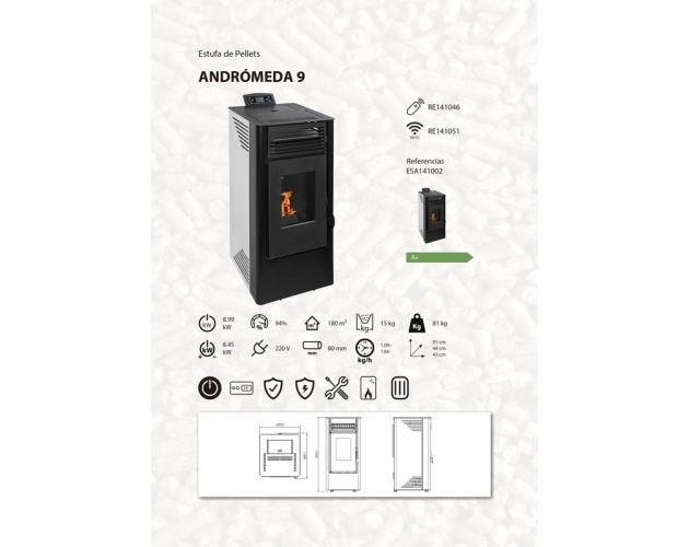 Estufa de pellets Andromeda + kit de instalacion + Wi-Fi | 9 kw A+